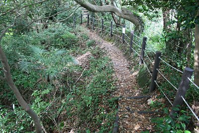 土橋状の通路は極めて狭い