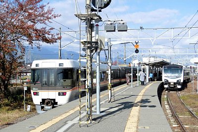 特急「しなの」と特急「あずさ」の入れ違い