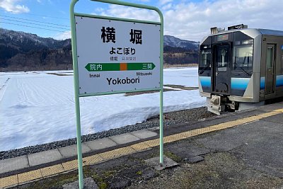 駅名標とGV-E400系気動車