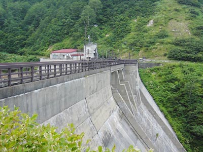 右岸から堤体下流側を見る