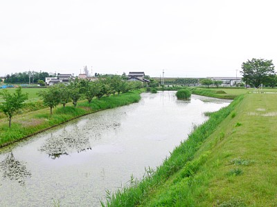 安田城本丸の土塁と東側の水堀